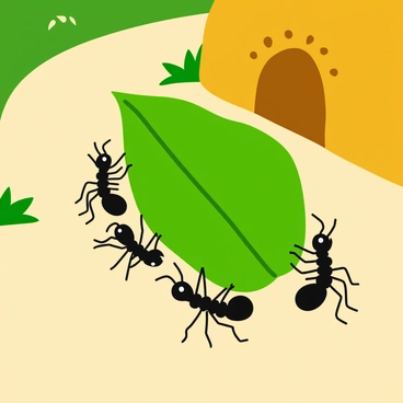 A group of ants working together to carry a large, green leaf. The ants are small and black, displaying their segmented bodies and antennae as they pull the leaf in different directions. The leaf is vibrant and glossy, slightly curved as it is being lifted. The scene is set on a sandy path near the colony entrance, which can be seen in the background, adorned with several tiny openings. Sunlight filters through nearby grass, creating dappled light on the ground.