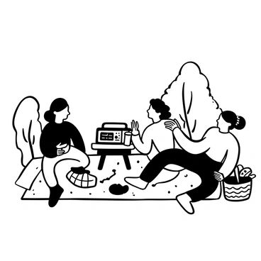 A group of three friends sitting on a picnic blanket, laughing and engaging in conversation. They are positioned around a vintage radio placed on a small wooden table. One friend is holding a sandwich, while another is pouring drinks from a thermos. The third friend is leaning back with an arm extended, pointing playfully at something in the distance. Nearby, a wicker basket is open, revealing snacks. There are trees in the background, and a few scattered blankets. The setting conveys a relaxed weekend atmosphere.