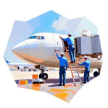 A group of engineers in blue uniforms is performing maintenance on the wing of a Boeing 727 aircraft at an airport. The engineers are using various tools, such as wrenches and screwdrivers, as they examine the wing closely. One engineer is standing on a ladder, inspecting the wing's surface, while another is seated on the ground, passing tools to a colleague. The airport runway is visible in the background, along with other parked planes and a clear blue sky above.