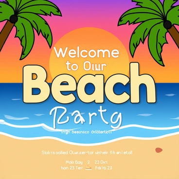 A beach-themed invitation with a large "Welcome to Our Beach Party" text at the center. The background features a vibrant sunset with shades of orange, pink, and purple blending into the sky. Gentle waves are rolling onto a sandy beach, where a few seashells are scattered. Palm trees frame the sides of the invitation, swaying slightly in the breeze. The bottom of the invitation has playful fonts displaying the event details.