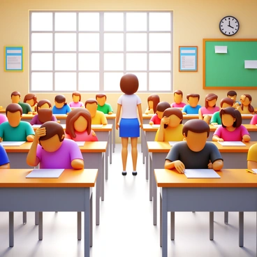 A silent classroom filled with desks arranged in neat rows. Students, dressed in casual attire, are seated and focused intently on their exam papers. Some students have furrowed brows while others are biting their pencils. Sunlight streams through the windows, casting soft shadows on the floor. A teacher stands at the front of the room, monitoring the students quietly. The walls are adorned with educational posters and a clock ticks softly in the background.
