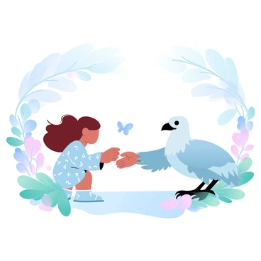 A small child is crouched down in a lush garden, gently reaching out to a young griffon that has soft feathers and sturdy claws. The child is wearing a colorful outfit with playful patterns, and their hair is flowing gently in the breeze. The griffon is playfully nudging the child's hand with its beak, showcasing its curious nature. Surrounding them are vibrant flowers in various shades, green foliage, and a few butterflies fluttering nearby, creating a lively atmosphere. A soft sunlight filters through the trees, casting a warm glow on the scene.