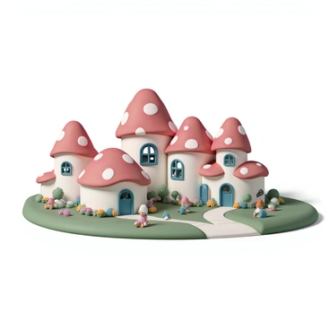 A whimsical hotel designed specifically for garden gnomes, featuring a series of interconnected small buildings. Each building has a unique toadstool-shaped roof, with vibrant red and white colors. Tiny, intricately designed windows adorn the walls, giving a cozy appearance. The hotel is surrounded by a lush green garden with colorful flowers, miniature pathways, and decorative stones. Tiny gnomes can be seen lounging in the garden, enjoying the sunny day.