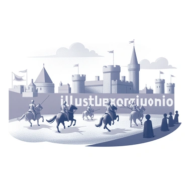 A detailed scene depicting a medieval landscape. In the foreground, several knights in armor are engaging in a jousting competition, with lances poised and horses rearing. Behind them, a grand castle stands majestically, featuring tall towers and crenellated parapets. The sky is filled with clouds, adding depth to the atmosphere. To the side, a group of spectators watch the event, with banners and flags fluttering in the breeze. The word "illustration" is incorporated into the composition, positioned prominently within the scene.