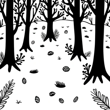 The forest floor is covered with "pine cones" and "pine needles" scattered all over the ground. "Towering trees" rise majestically above, their trunks thick and strong, surrounded by a dense canopy of leaves that filters any light. The ground shows various sizes of "pine cones," some still attached to "branches" and others lying amongst the "needles." Occasional patches of "moss" can be seen, adding texture to the forest floor. Shadows of the trees stretch across the ground, creating a mix of light and dark areas.