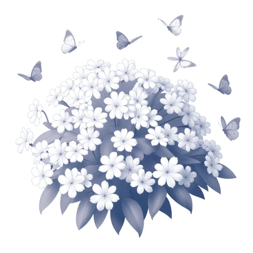 A gardenia bush covered in "white blooms" fills the foreground. The bush is lush and full, with numerous "white flowers" in various stages of bloom. Butterflies with delicate wings are "fluttering" around the bush, some landing on the flowers while others hover nearby. The scene conveys a sense of abundance with multiple butterflies, showcasing different wing shapes and patterns in their flight. The overall composition focuses on the intricate details of the "white blooms" and the graceful movement of the butterflies.