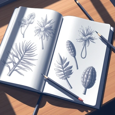 A botanical artist's sketchbook, lying open on a wooden table. The pages are filled with detailed illustrations of grevillea plants. Each illustration showcases the unique shapes and intricate details of grevillea leaves and flowers. The sketches vary in size and orientation, some displaying the foliage in close-up while others capture the entire plant. Pencils and brushes are scattered around the sketchbook, indicating recent use. The ambiance is that of a creative workspace, with sunlight illuminating the pages and casting soft shadows.