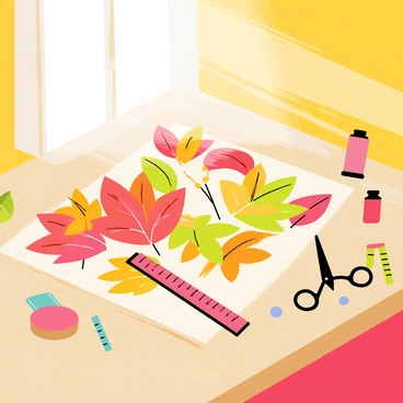 A large, vibrant quilt being assembled on a wooden table. The quilt features various colorful leaf prints in shades of red, orange, yellow, and green. The fabric pieces are arranged in a patchwork style. Scissors and a measuring tape are placed nearby, suggesting an active crafting session. A spool of thread and sewing needles are also visible, emphasizing the quilting process. Sunlight streams in through a nearby window, illuminating the textures of the fabric.