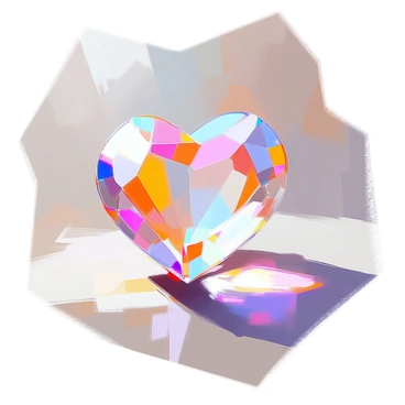 A heart-shaped crystal with clear facets reflecting light, glistening brightly under the sunlight. The crystal is positioned on a smooth surface, casting colorful reflections around it. Delicate patterns of light and color dance on the surface beneath the crystal, while the sunlight creates a warm glow around the edges, enhancing its brilliant transparency. The background is softly blurred, emphasizing the crystal's sparkling beauty.