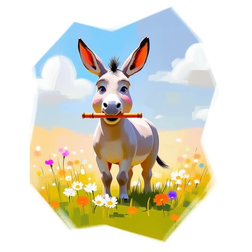 A donkey with light brown fur and large, expressive eyes is standing in a vibrant green field under a clear blue sky. It has its ears perked up and a playful expression as it clumsily holds a wooden flute with its mouth. Sunlight casts a warm glow over the scene, highlighting the colorful wildflowers scattered throughout the grass. In the background, a few fluffy white clouds drift lazily across the sky, adding to the cheerful atmosphere. The donkey appears determined but humorous in its effort to produce music from the flute.