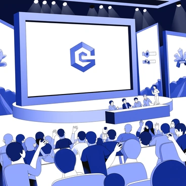 A press conference setting showcases a large stage with a prominent screen displaying the logo of a new esports game. The audience is filled with excited spectators, some holding up smartphones to capture the moment. In the foreground, a group of game developers stands at a table, intently watching the screen. Bright lights illuminate the stage, creating a dynamic atmosphere. Banners with the game’s theme and artwork are draped around the venue, enhancing the sense of anticipation. The expression of excitement is evident on the faces of the attendees, as they lean forward in their seats, eager to see the gameplay being unveiled. 