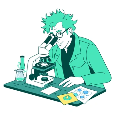 A teal professor with wild grey hair is peering through a white microscope. He is wearing a lab coat and round glasses, which amplify his look of curiosity. The microscope is positioned on a wooden table cluttered with various scientific instruments. In front of the professor, a white slide is placed under the lens, illuminated by a small light source. The professor's right hand is adjusting the focus, while his left hand is resting on the table. Brightly colored diagrams and notes are scattered around the table, adding to the atmosphere of a busy laboratory.