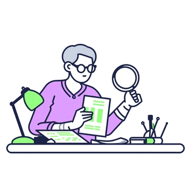 An elderly person is sitting at a wooden desk, carefully checking their bills. They have gray hair styled neatly and are wearing reading glasses perched on their nose. In their right hand, they hold a magnifying glass, which they are using to inspect the fine print on a document. Several bills are spread out in front of them, some with numbers and graphs visible. A small lamp on the desk provides light, illuminating the papers and casting soft shadows. On the desk, there is also a cup containing pens and a notepad with handwritten notes.