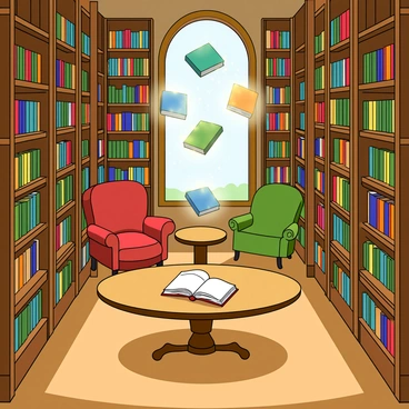 An enchanted library filled with tall wooden shelves stacked high with colorful books. The air is filled with tiny specks of shimmering light that give the scene a magical feel. Several books are floating above the shelves, gently rotating and glowing in various hues of blue, green, and gold. A large, round window lets in soft, warm sunlight, casting playful shadows on the wooden floor. In the center of the library, there is a large, ornate wooden table with a few open books, their pages fluttering as if blown by a gentle breeze. A cozy reading nook with a plush, oversized armchair and a small round table can be seen in the corner, inviting anyone to relax and read. The entire atmosphere is alive with a sense of wonder and enchantment.
