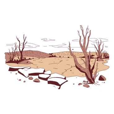 A landscape of dry and cracked earth stretches across the view, showcasing a once fertile farmland now transformed into a barren terrain. Withered plants and stunted weeds dot the landscape, their lifeless forms a stark contrast to the remnants of lush greenery that once thrived here. In the distance, a pale sky looms overhead, casting a muted light onto the desolate ground. Scattered rocks and patches of dust add to the arid atmosphere, emphasizing the dramatic change from vitality to desolation.