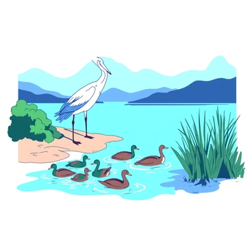 A scene depicting a tranquil shoreline at Lake Annecy. A group of ducks, with vibrant green and brown feathers, is swimming gracefully on the shimmering water. Nearby, a heron stands tall on one leg, its long neck extended, poised as it scans the lake for fish. The sandy and grassy banks are dotted with lush green reeds swaying gently in the breeze. In the background, the blue waters of the lake reflect the surrounding hills, creating a serene atmosphere.