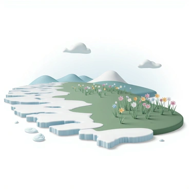 A polar landscape featuring a vast expanse of icy frozen tundra on one side, with sharp ice formations and shimmering white snow reflecting the sunlight. As the scene transitions, the tundra gradually gives way to a lush green meadow filled with vibrant grass and wildflowers in various colors. In the foreground, patches of ice can still be seen melting, while the background shows rolling hills leading to the thriving meadow. The sky above is clear with a few fluffy clouds scattered, adding depth to the dramatic change in the scenery.