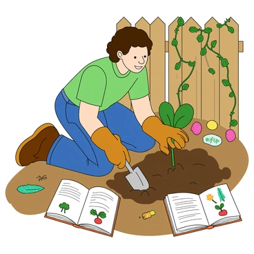 A gardener with light skin and short curly brown hair is kneeling down on soft, brown soil. She is wearing a green t-shirt, blue jeans, and sturdy brown gardening gloves. In her hands, she holds a small trowel, digging gently into the soil. Around her, there are various colorful plant markers, some with drawings of flowers and vegetables. Nearby, a notebook with a pencil sits open, showing sketches and notes about plant care. The gardener's expression is focused as she examines small clues in the soil, such as tiny roots and earthworms. Behind her, a wooden fence is adorned with climbing vines, adding a touch of nature to the scene.