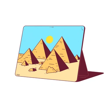 A large pop-up board displays intricately detailed ancient Egyptian pyramids in the foreground. The pyramids are depicted with textured stone surfaces, casting distinct shadows. Above them, a golden sun fills the sky, radiating warm light across the scene. In the background, the clear blue sky contrasts with the pyramids, enhancing their prominence. The pop-up board stands upright, showcasing the three-dimensional aspect of the pyramids vividly.