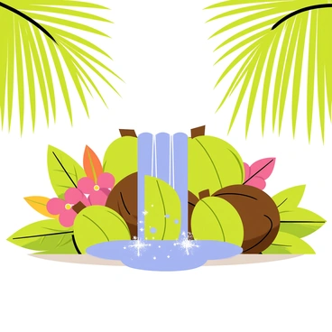 A small waterfall cascading over a pile of coconuts in a tropical setting