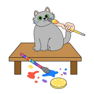 A playful scene features a fluffy gray cat with bright green eyes, sitting on a wooden table. The cat has its head tilted slightly, with a curious expression. A colorful paintbrush, held by a small hand, is gently touching the cat's nose, leaving a vibrant splash of bright blue paint. The paintbrush has a rainbow-colored handle and bristles that are slightly splayed. Surrounding the table are splatters of various colors, including red, yellow, and purple, creating an artistic atmosphere. A small paint palette with dabs of paint in different colors rests nearby.