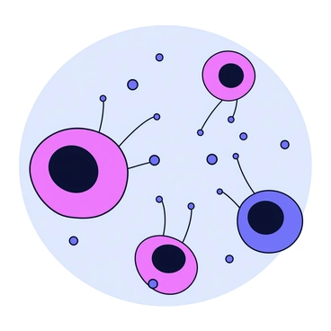 A group of cancer cells, round and irregular in shape, are clustered together. Each cell features a dark outer membrane with varying shades of purple and pink hues. Numerous small, glowing blue dots are seen floating around them, representing chemical signals. Some cells are depicted extending thin, elongated projections towards the signals, indicating communication. The background is a soft gradient, enhancing the focus on the cells and their interactions.