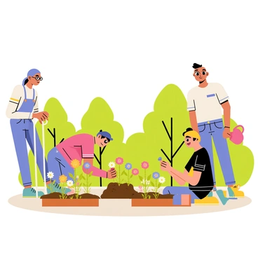 A diverse group of community members working together in a garden. One person is using a white cane and wearing glasses, indicating a visual impairment, while tending to a raised flower bed filled with vibrant blooming flowers. Another member is kneeling nearby, planting seedlings in rich brown soil. A third person stands with a watering can, ready to water the plants. The scene shows a sunny day with green trees in the background and garden tools scattered on the ground, creating a lively community atmosphere.