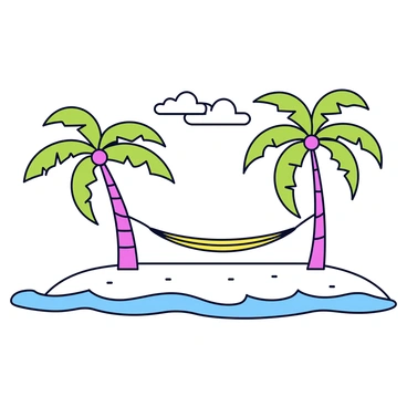 A tropical beach scene with fine white sand that stretches along the shoreline. The waters are a vibrant turquoise color, gently lapping at the edge of the beach. Tall palm trees with green fronds sway gently in the breeze, their trunks slightly curved. A hammock is strung securely between two of the palm trees, featuring a simple woven design. The sky above is clear with a few fluffy white clouds scattered.