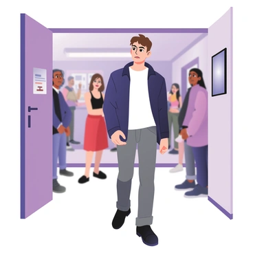 A digital flat illustration featuring an actor exiting an audition room. The actor has light skin and short, tousled brown hair. They are wearing a white t-shirt under a dark blue jacket and gray jeans, with their shoulders slightly slumped and a dejected expression on their face. In the background, there are a few other actors waiting to audition. One has dark skin and is dressed in a black tank top and jeans, while another has medium skin and long straight hair, wearing a bright red dress. The audition room door is partially open, revealing a blurred interior with soft lighting. A wall-mounted mirror reflects some of the waiting actors. The atmosphere captures a sense of anticipation and disappointment.