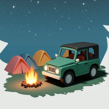 A Tata jeep, painted in a vibrant green color with a black roof, is parked near a campfire. The campfire is crackling with bright orange flames, illuminating the nearby area. Surrounding the fire are several tents, with colors like red, blue, and yellow, set against the background of a grassy field. Above, the sky is filled with countless stars, twinkling brightly, creating a beautiful celestial scene. The ambiance is warm and inviting, with shadows dancing around the tents from the firelight.