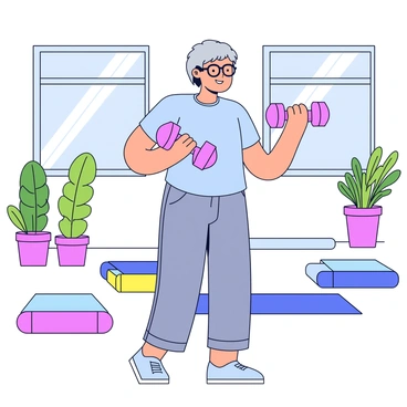 An elderly person with gray hair and reading glasses is standing in a bright community center. They are wearing a light blue t-shirt and comfortable grey sweatpants. The individual is focused and smiling while performing bicep curls with two light pink dumbbells, one in each hand. Around them, there are colorful exercise mats and a few potted plants, adding a lively touch to the space. Natural light is streaming through large windows, illuminating the area.