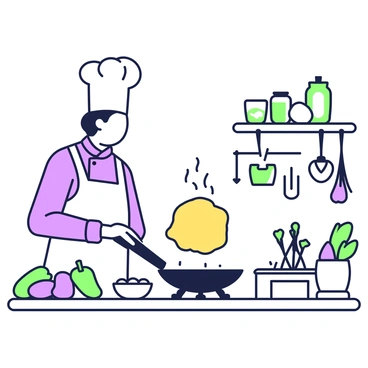 A chef with a chef's hat and a long white apron is standing in a kitchen, focused on flipping an omelette on a skillet. The skillet is placed on a stove, with steam rising from the surface, indicating the heat. The omelette is golden and fluffy, catching the light as it is flipped gracefully in the air. The kitchen counter is cluttered with fresh vegetables such as bell peppers and onions, along with a bowl of cracked eggs. In the background, there are kitchen utensils hanging and an assortment of spices neatly organized on the shelves.