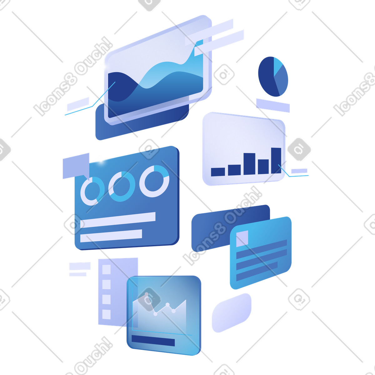 Ilustración Marcos con gráficos y tablas, analytics en estilo Quantum a descargar en PNG SVG