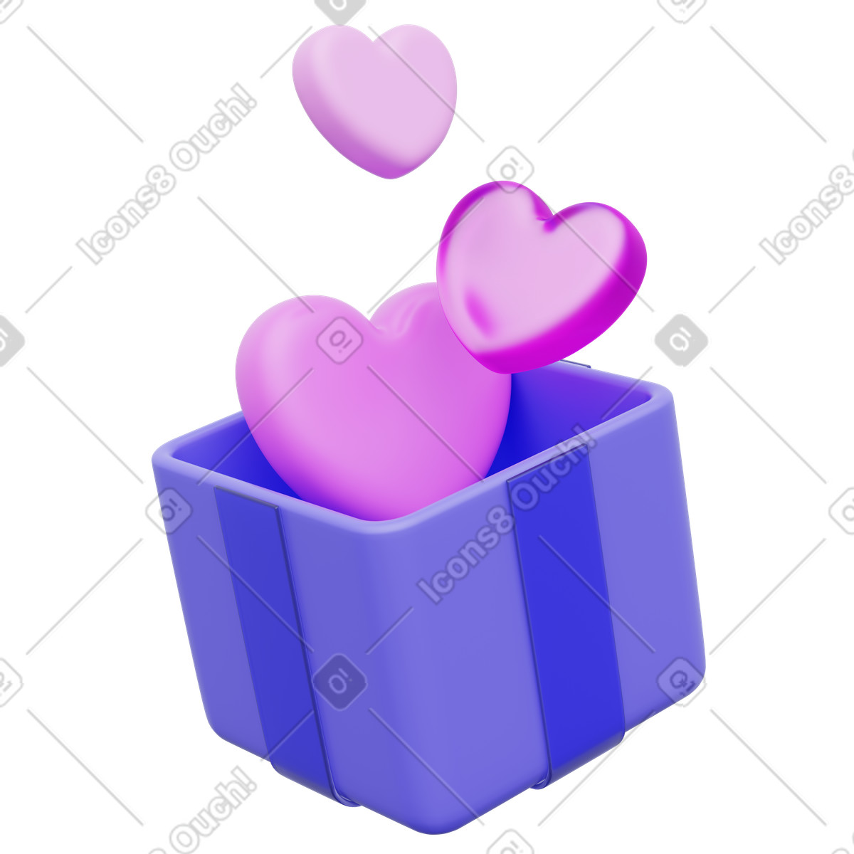 Open gift box with hearts, popping heart icon, love symbol illustration in 3D Playful style download in PNG, SVG