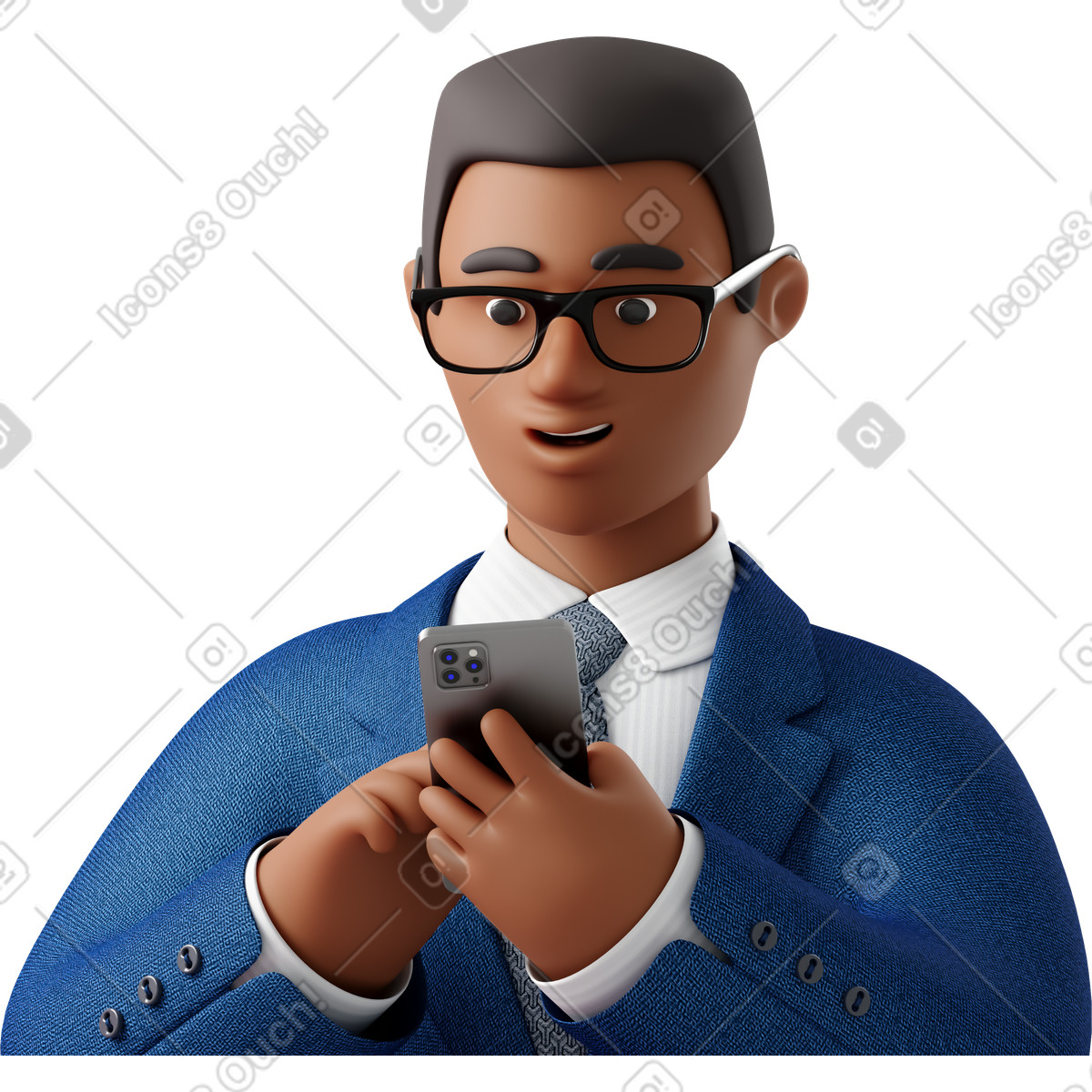 Illustration Close up of black businessman in blue suit looking at phone dans le style 3D Business à télécharger aux formats PNG, SVG