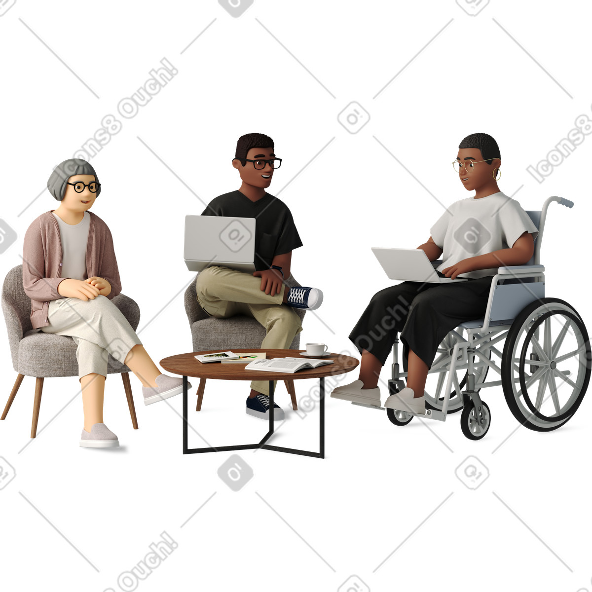 Three colleagues discussing illustration clipart graphics and vectors