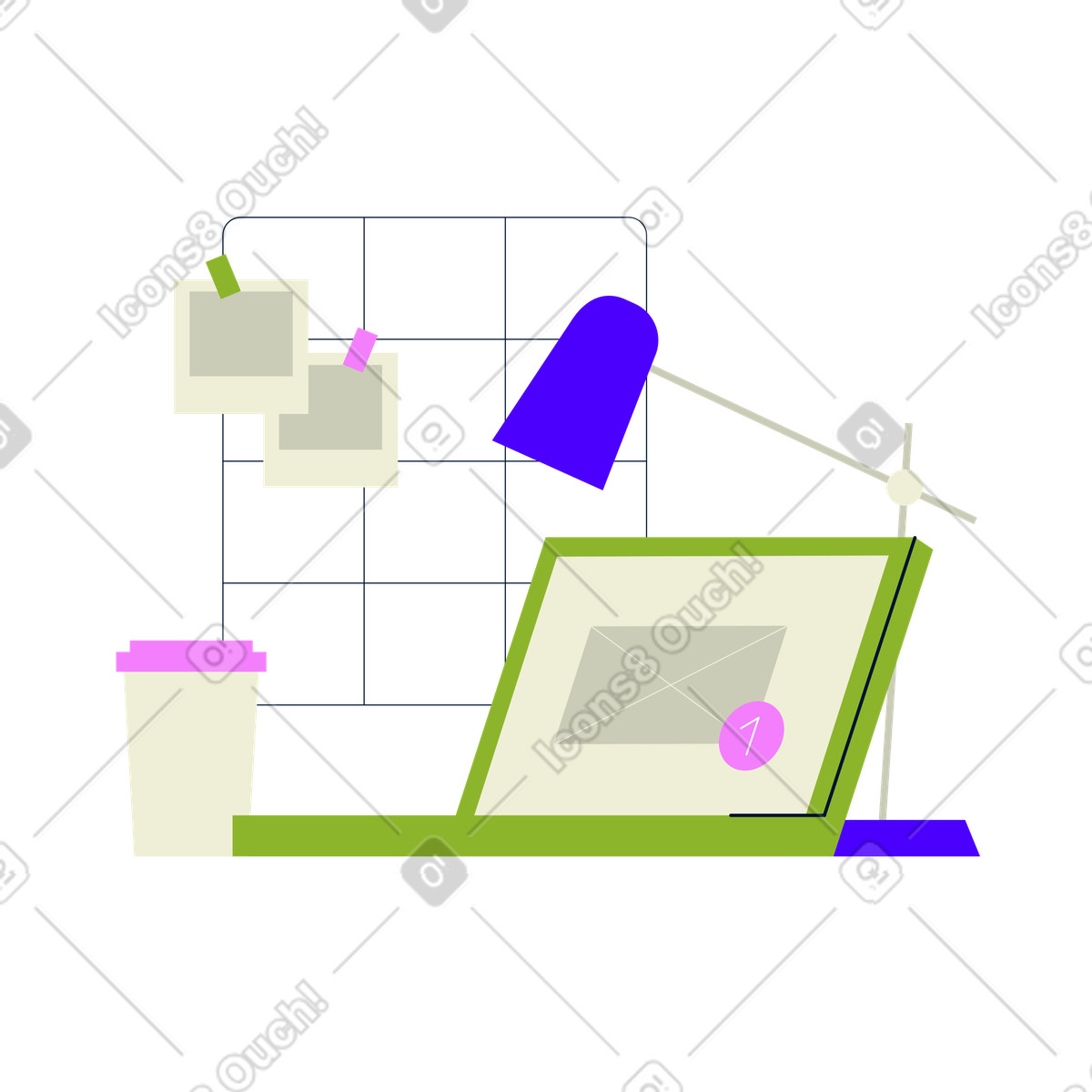 Workspace with laptop and desk lamp illustration in PNG, SVG