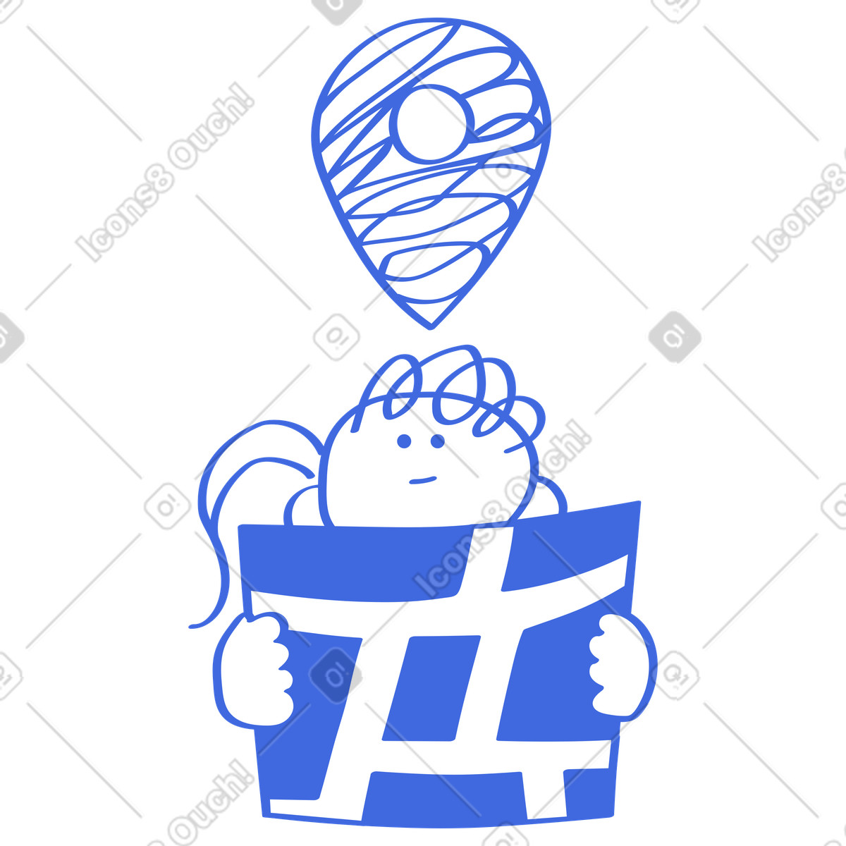 下载 Ballpoint Pen 风格的 Map navigation with lost traveler holding folded paper route diagram 插画，支持 PNG、SVG 格式