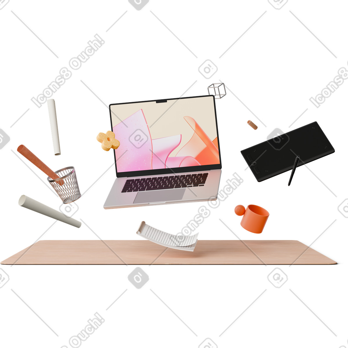 Illustration animée Vue de face du bureau designer avec ordinateur portable, tablette et portable dans le style 3D Hygge à télécharger aux formats GIF, Lottie (JSON), AE