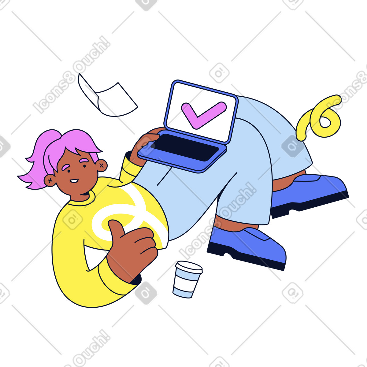 Satisfied employee giving thumbs up, Successful project completion or remote productivity illustration in Flexy style download in PNG, SVG