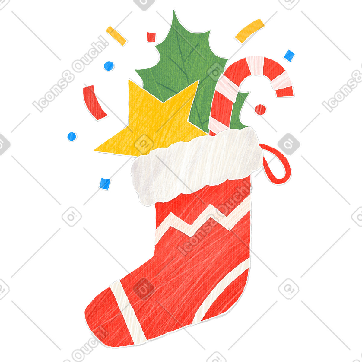 Red christmas sock filled with gifts and decorations illustration in Crafty style download in PNG, SVG