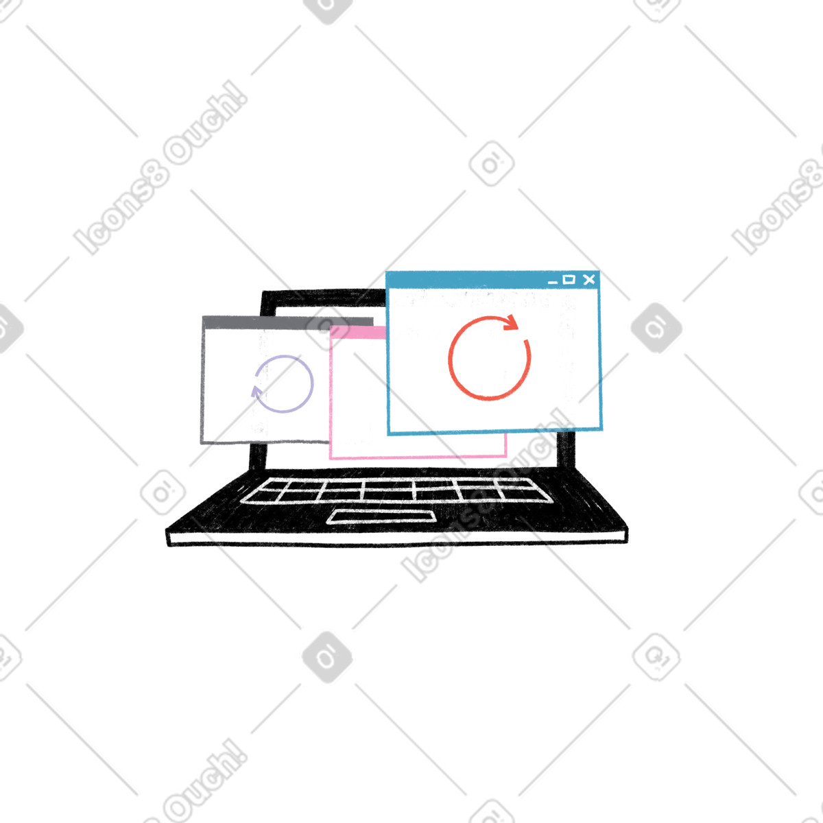 Laptop with multiple reload windows, Web error or something went wrong concept-Illustration im Tutti-Stil als Download in PNG, SVG