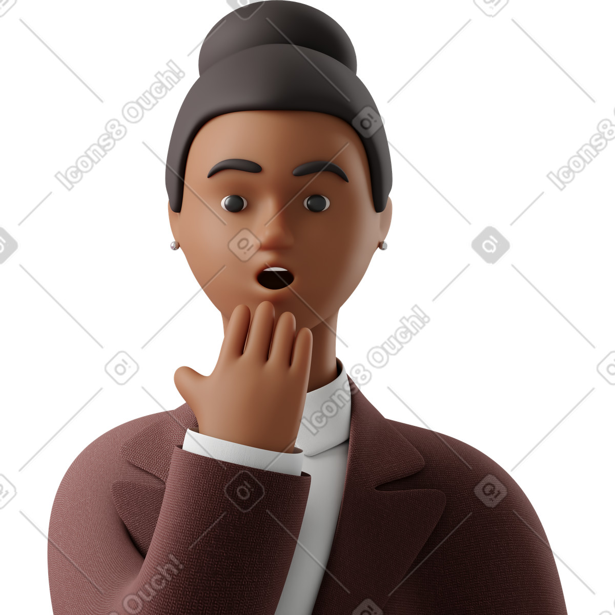 Illustration Close up of black astonished businesswoman in brown suit dans le style 3D Business à télécharger aux formats PNG, SVG