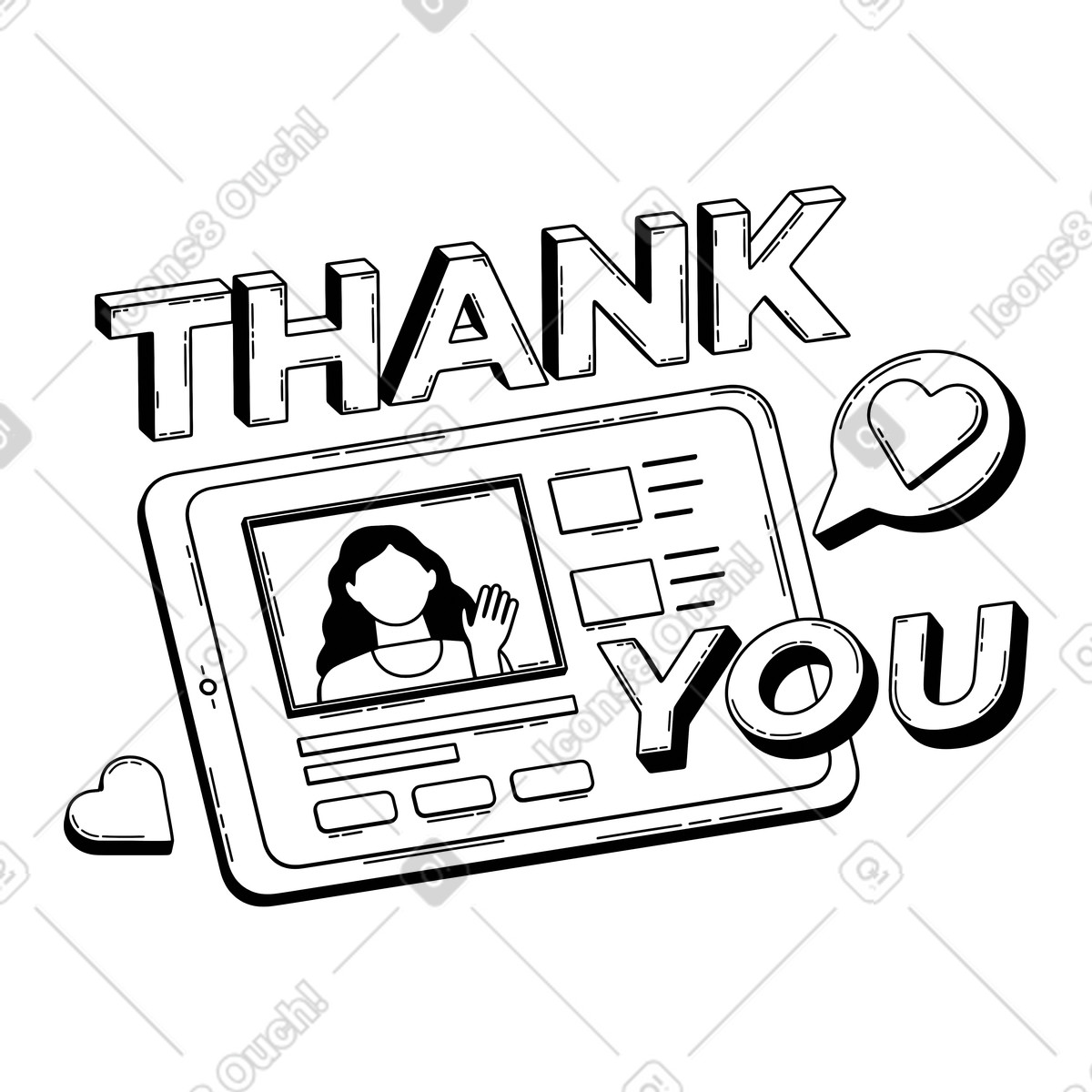 Video creator on tablet with thank you text, audience engagement and gratitude animated illustration in 3D Techny Line style download in GIF, Lottie (JSON), AE