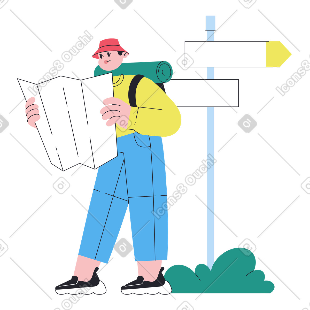 Boba スタイルの Tourist reading map near road signs, Outdoor adventure and navigation のアニメーションイラストをGIF、Lottie (JSON)、AEでダウンロード