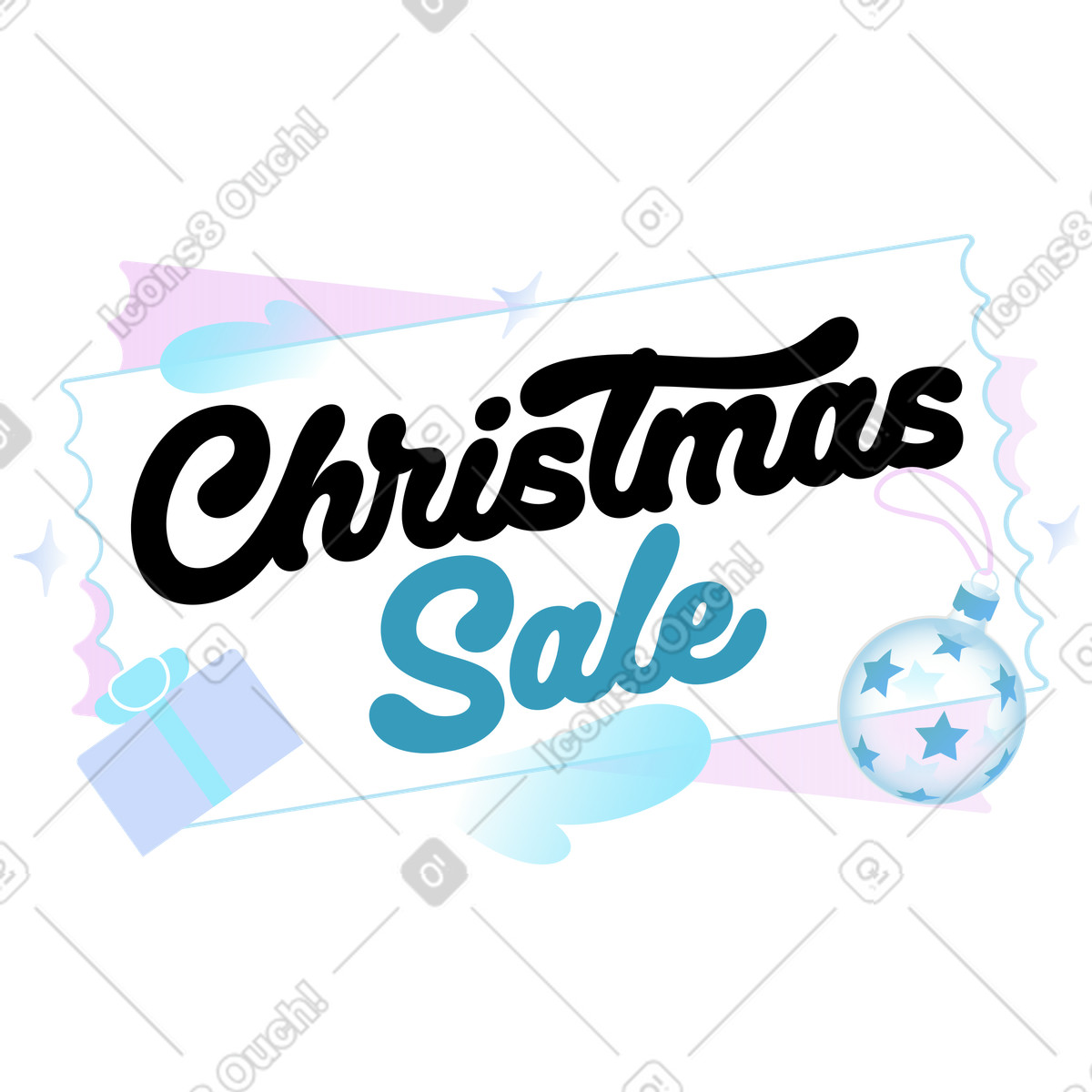 Christmas sale lettering with gift box and bauble, Holiday shopping promotion illustration in Airy style download in PNG, SVG