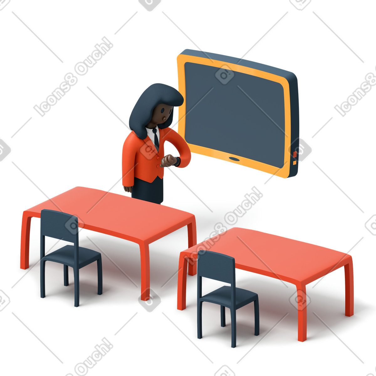 Illustration Enseignant regardant sa montre-bracelet dans une salle de classe vide le style 3D Flame à télécharger aux formats PNG, SVG