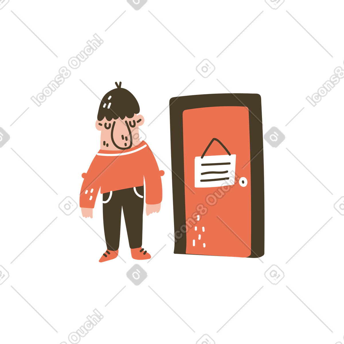 Ilustración Waiting at a closed door, Unavailable or come back later en estilo Karlsson descargar en PNG y SVG