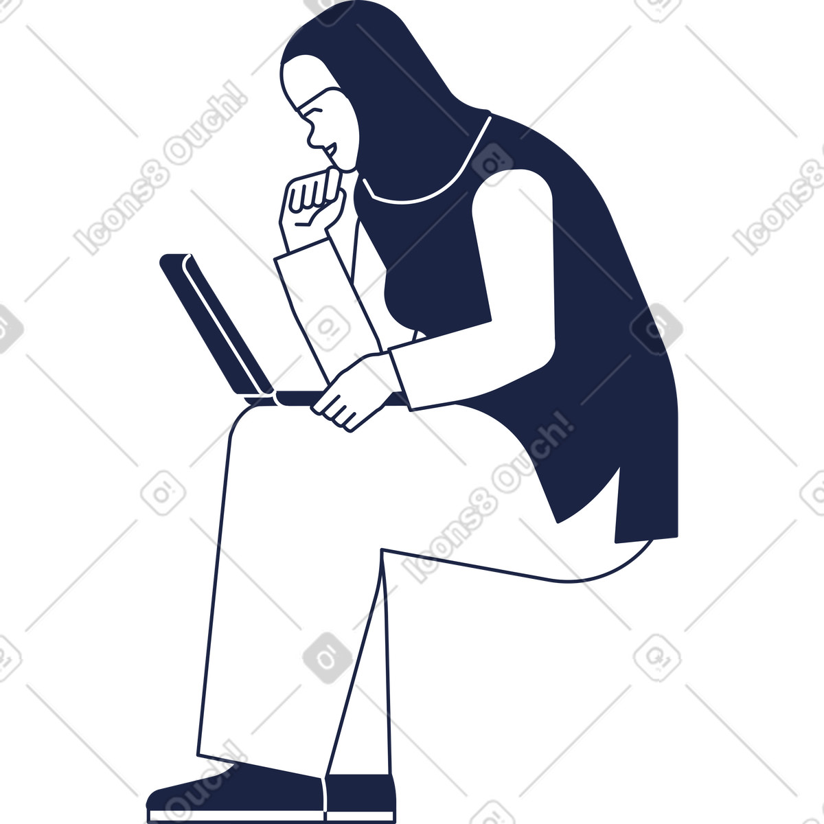 Woman sitting with laptop illustration, featuring elegant hijab clipart graphics