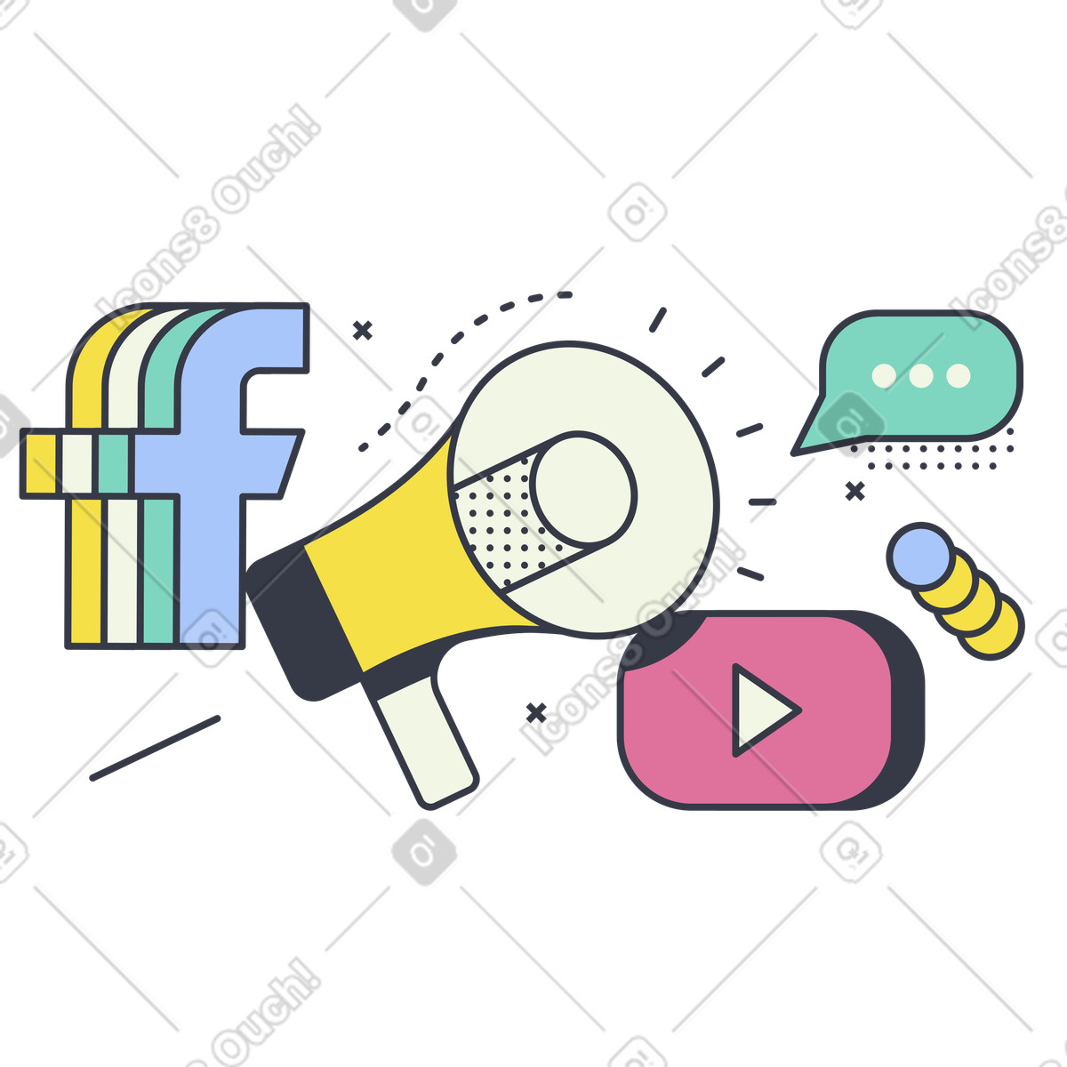 Megaphon und social-media-logos für smm-Illustration im Abstract-Stil als Download in PNG, SVG